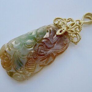 Antique Chinese Export Jadeite Jade 18k Gold Icy Hand Carved Bat Pendant 2.75"